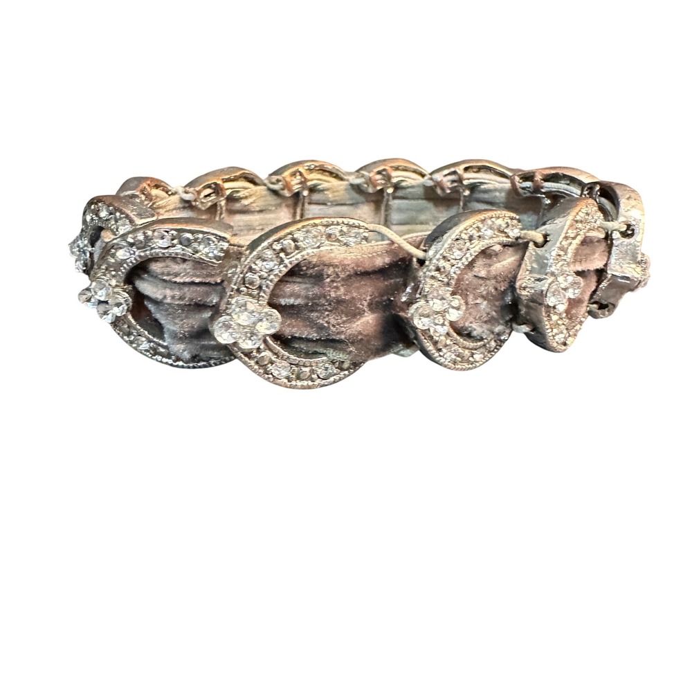 Vintage Rhinestone Velvet Stretch Bracelet Silver Tone Ribbon Art Deco Coquette